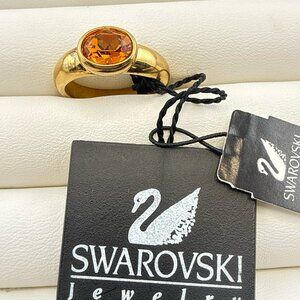 Swarovski Ring Orange 7 Oval Gold Plate Swan Signed Sterling Silver Stack Band